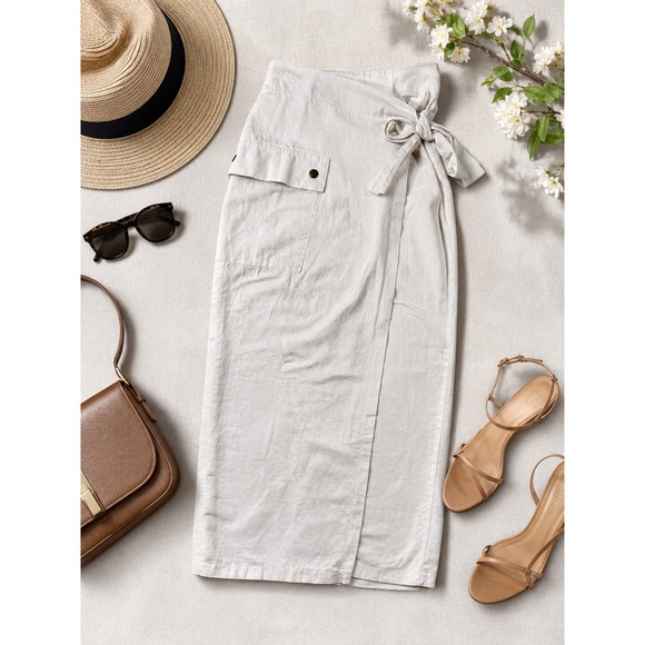 Contempo Dresses & Skirts - Contempo Women Off White Linen Blend Wrap Midi Skirt Cargo Pocket XS